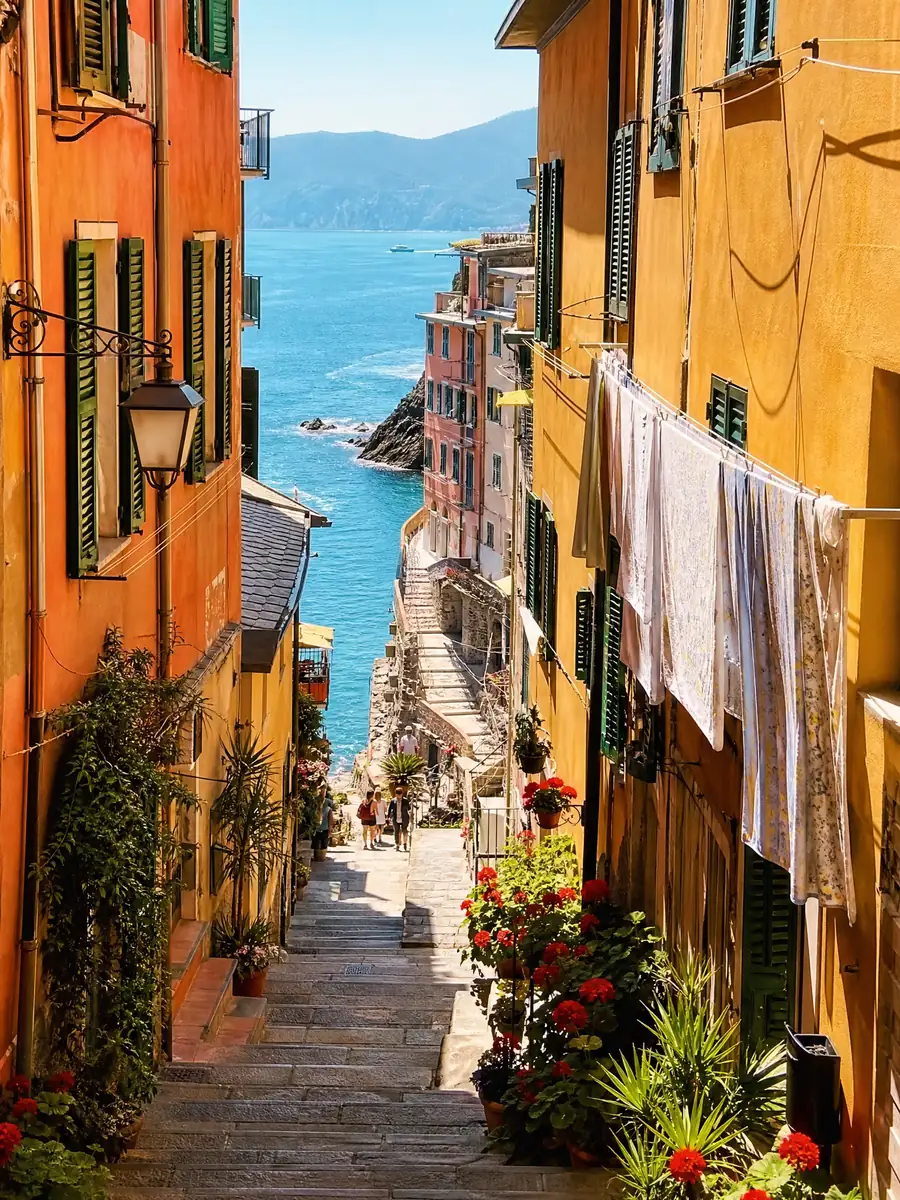 Eine Gasse mit Treppen zwischen farbigen Häusern mit grünen Fensterläden, die zum Meer hinabführt